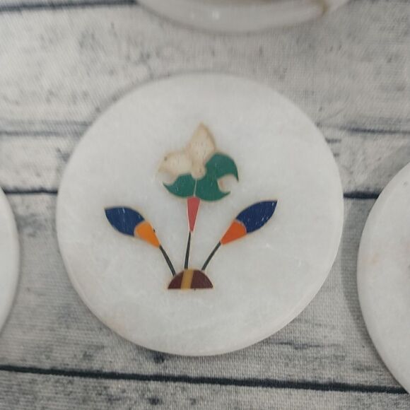6PC Flower Mosaic Beautiful White Granite Coaster 3” Coaster Damaged As Shown. - Picture 5 of 10